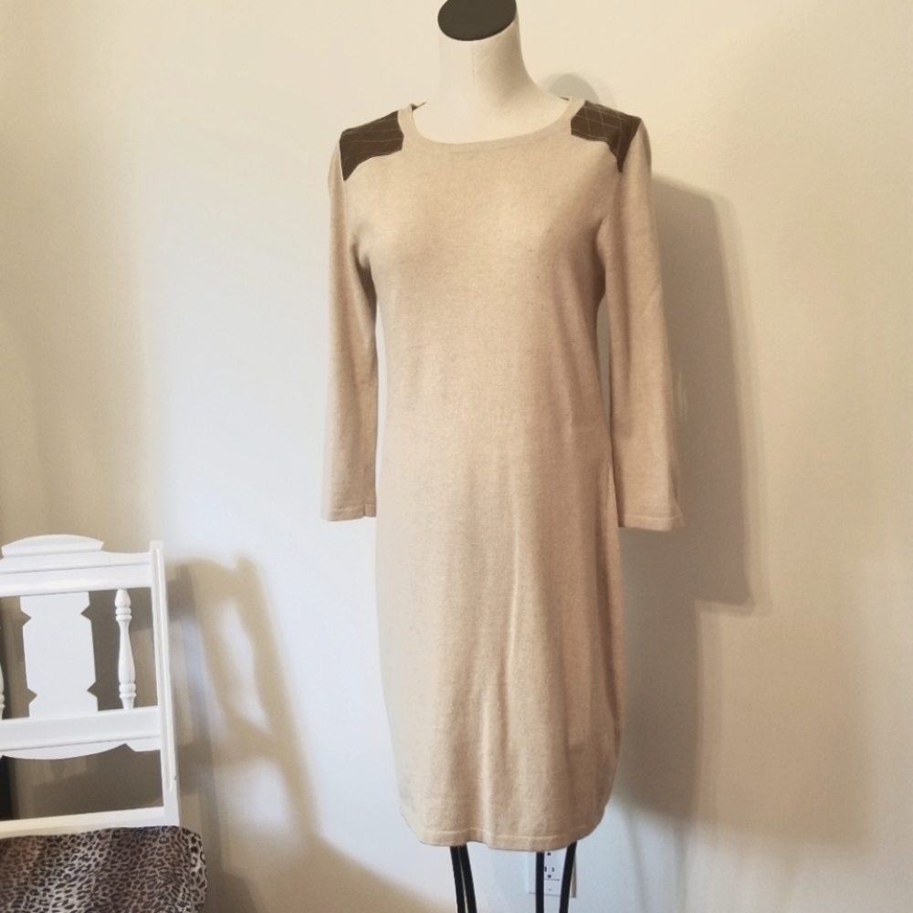 🍂Cremieux Tan Knit Dress w/ Faux Leather Shoulders